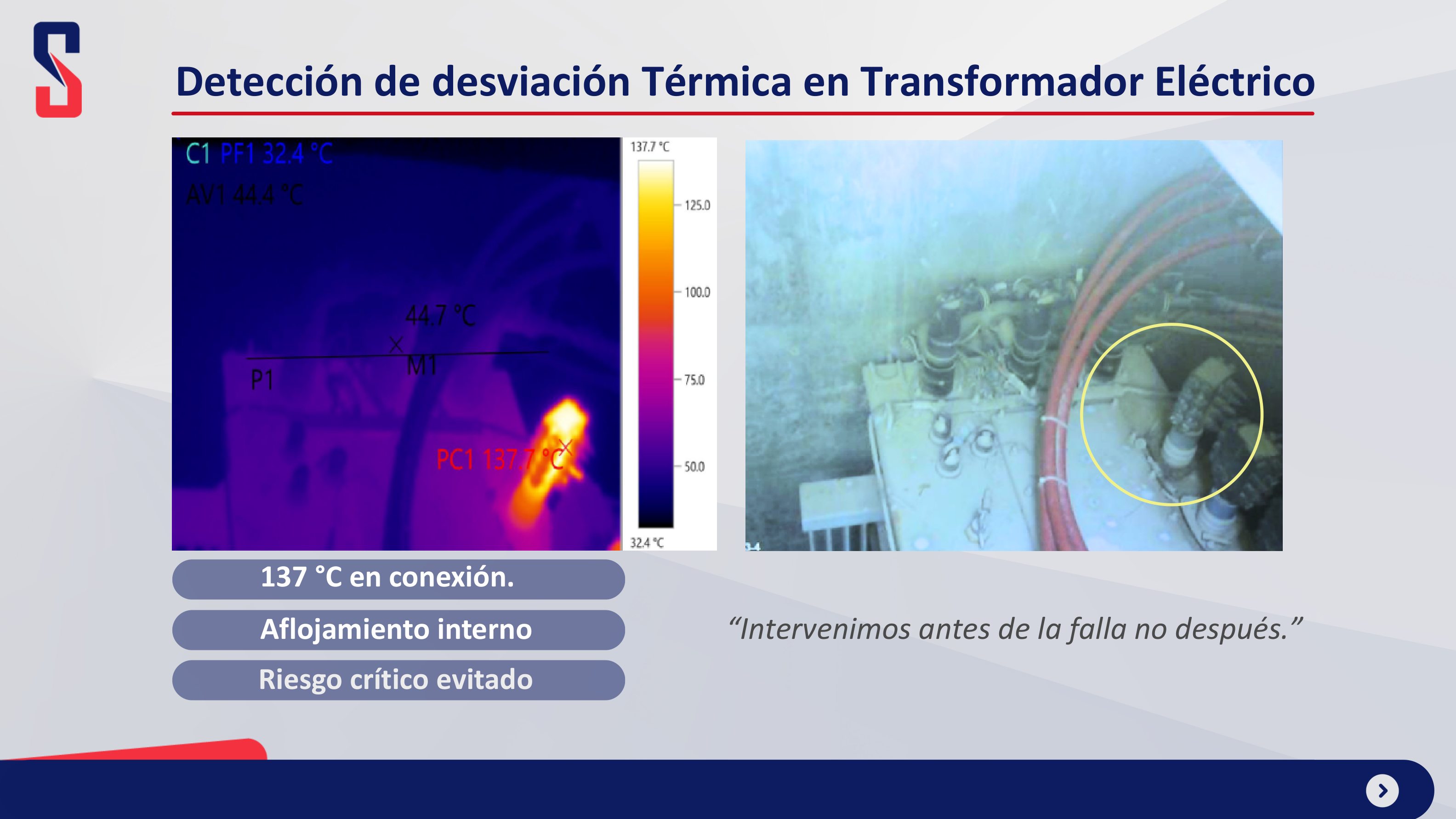 Evidencia termográfica de una desviación térmica en transformador, procedente de la presentación técnica de SS Power